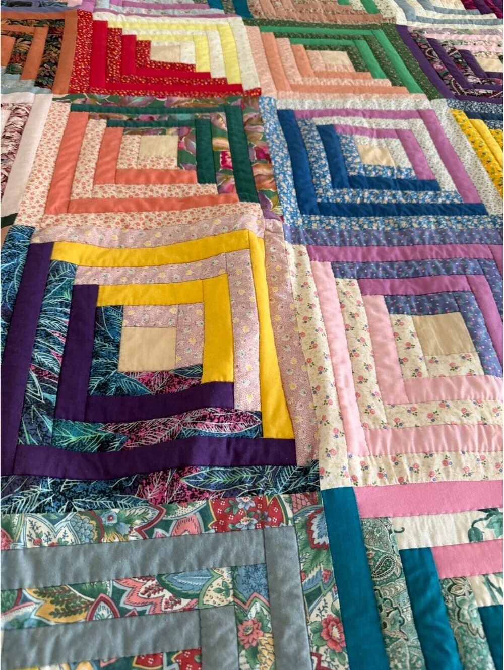 Handmade Log Cabin Quilt Vintage Patchwork Colorful Cotton Throw 54